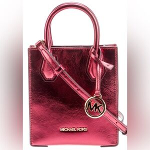 NWT Michael Kors Mercer XS North South Shopper Crossbody in Metallic Crimson Red